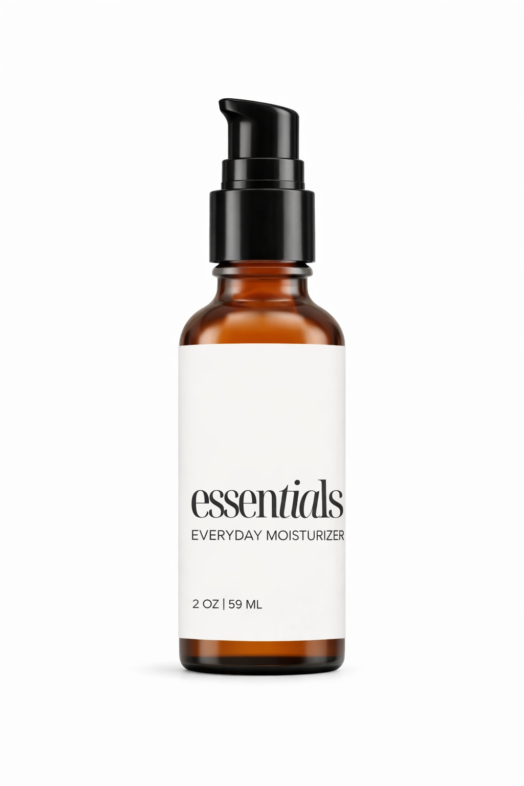Brown bottle of everyday moisturizer with a white label on a white background
