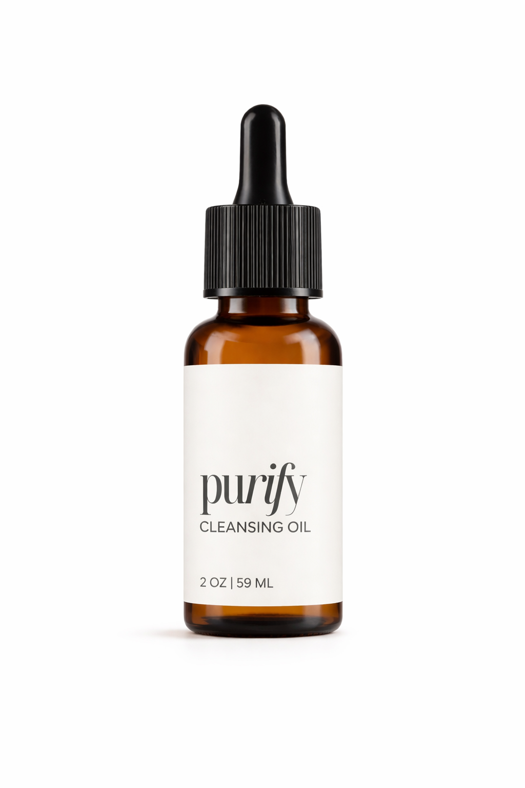 Bottle of 'purify' cleansing oil with a dropper on a white background