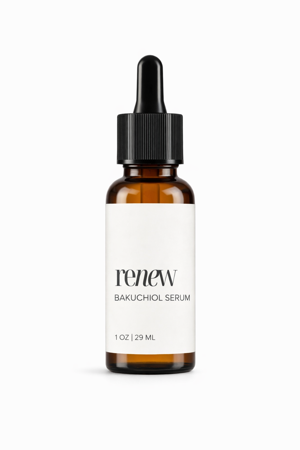 Brown serum bottle with white label on a white background