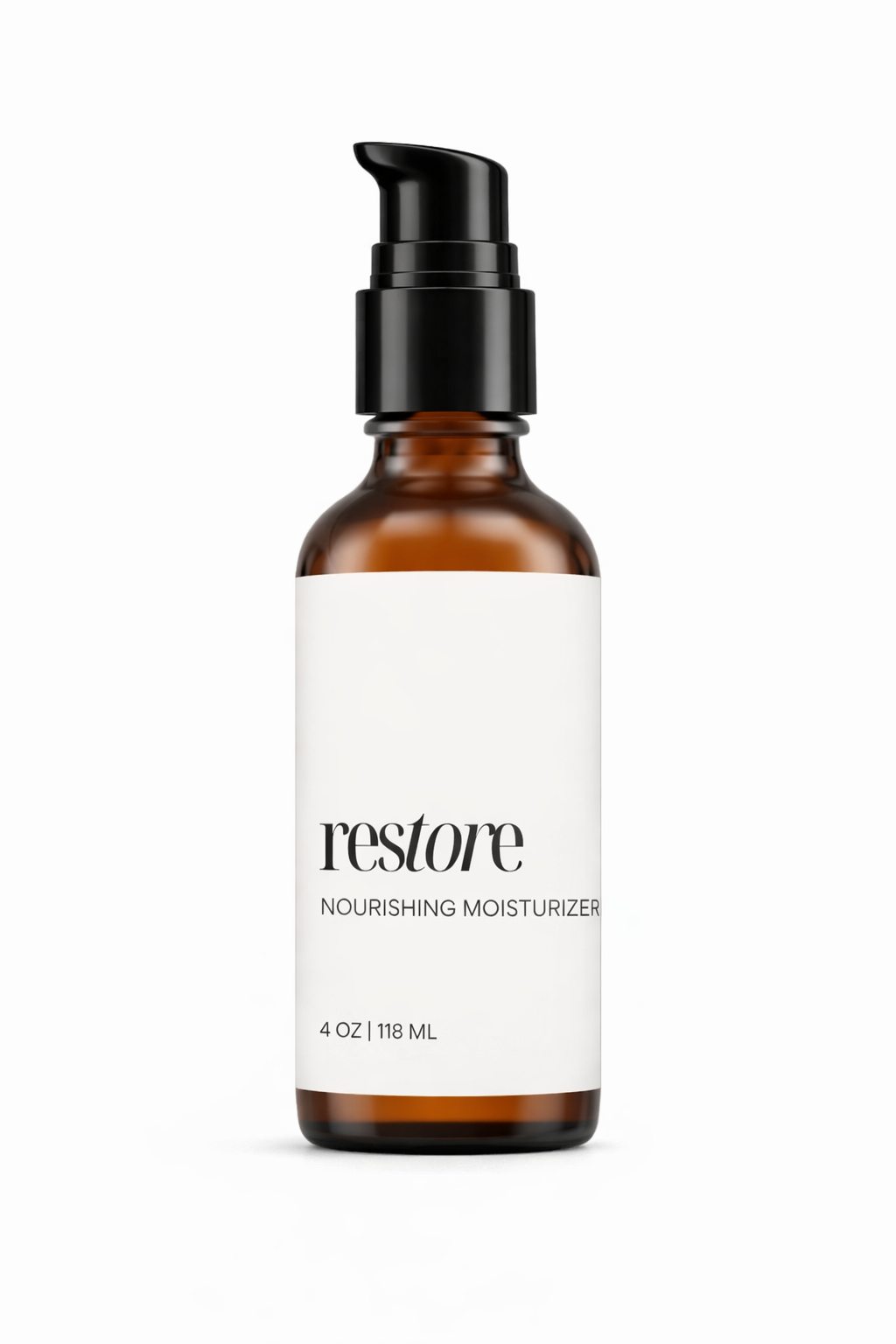 Skincare bottle labeled 'restore' on a white background