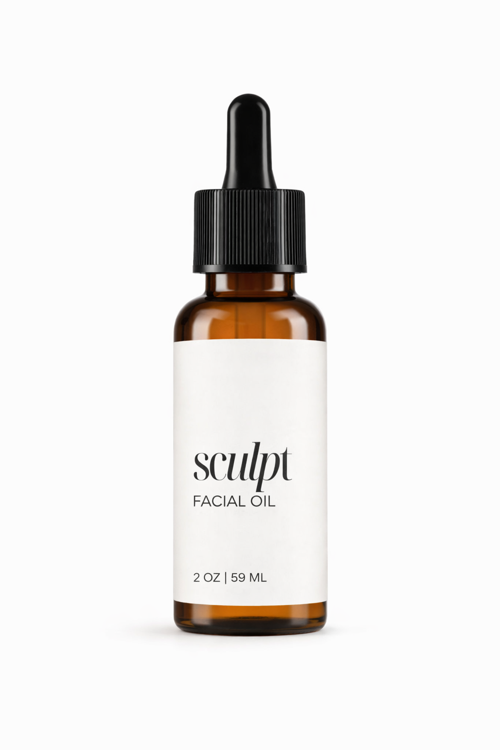 Brown facial oil bottle with a white label on a white background